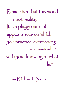 Remember that this world is not reality.  It is the playground of appearances on which you practice overcoming `seems-to-be` with your knowing of what Is.