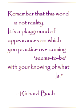 Remember that this world is not reality. It is the playground of appearances on which you practice overcoming `seems-to-be` with your knowing of what Is.